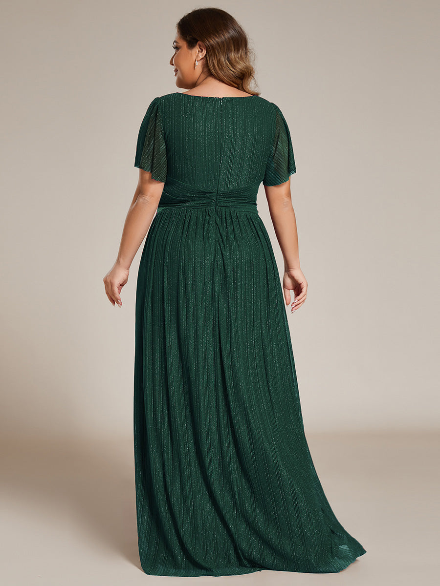 Color=Dark Green | Bulk Order Short Sleeve Ruffle V-Neck High Stretch A-Line Floor Length Evening Dresses-Dark Green 17
