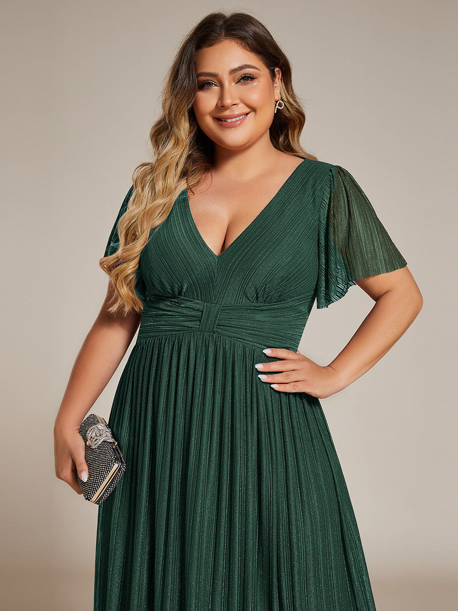 Color=Dark Green | Bulk Order Short Sleeve Ruffle V-Neck High Stretch A-Line Floor Length Evening Dresses-Dark Green 18