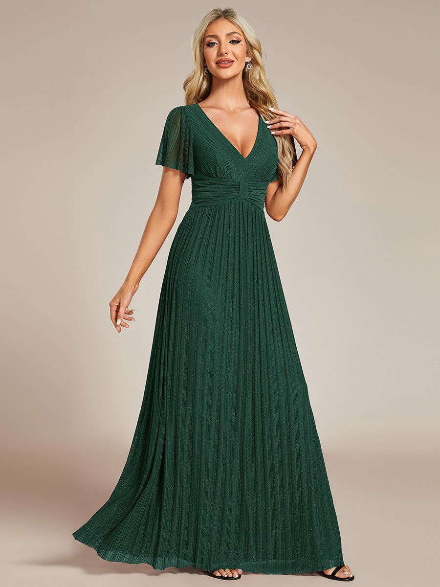 Color=Dark Green | Bulk Order Short Sleeve Ruffle V-Neck High Stretch A-Line Floor Length Evening Dresses-Dark Green 14