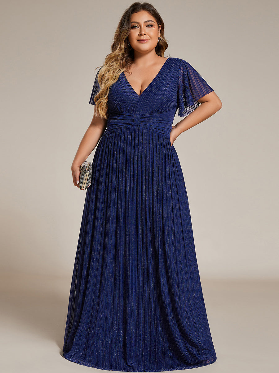 Color=Navy Blue | Bulk Order Short Sleeve Ruffle V-Neck High Stretch A-Line Floor Length Evening Dresses-Navy Blue 26