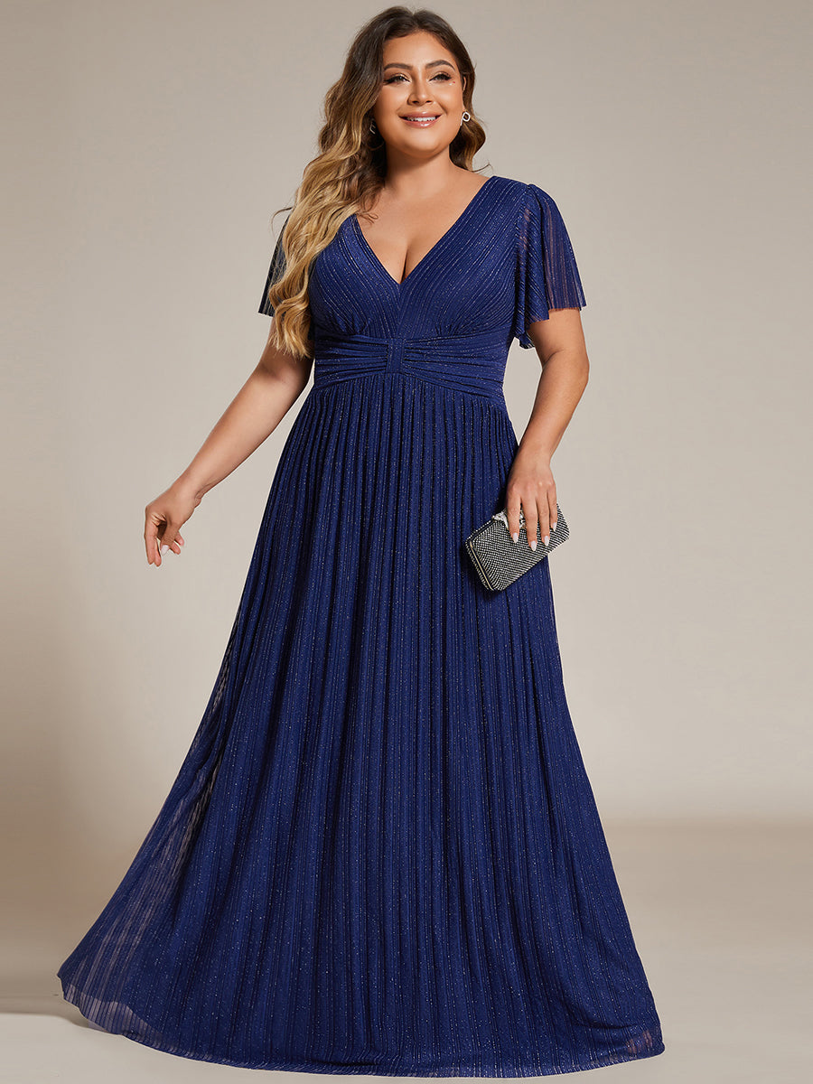 Color=Navy Blue | Bulk Order Short Sleeve Ruffle V-Neck High Stretch A-Line Floor Length Evening Dresses-Navy Blue 30