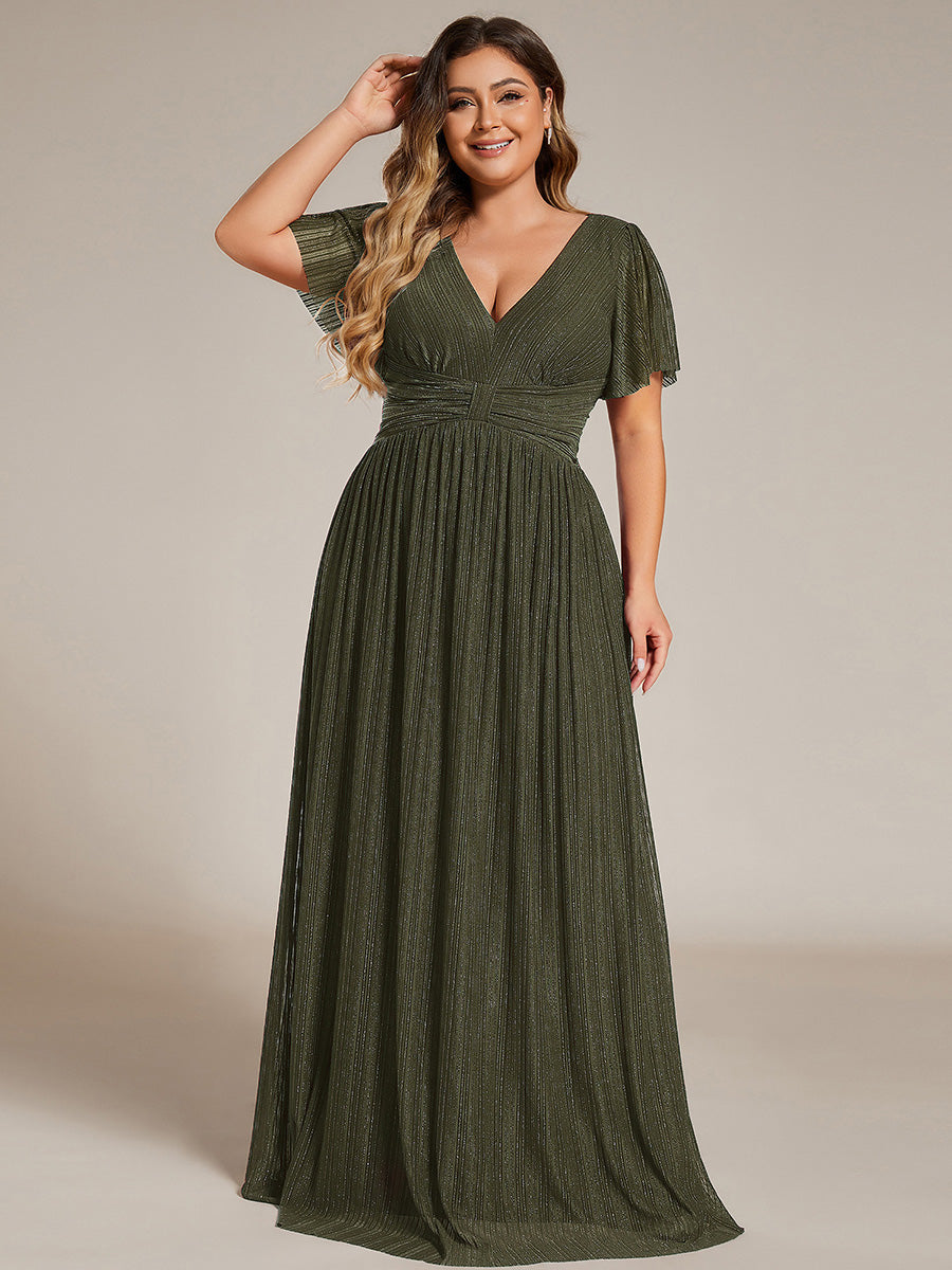 Color=Olive Green | Bulk Order Short Sleeve Ruffle V-Neck High Stretch A-Line Floor Length Evening Dresses-Olive Green 36