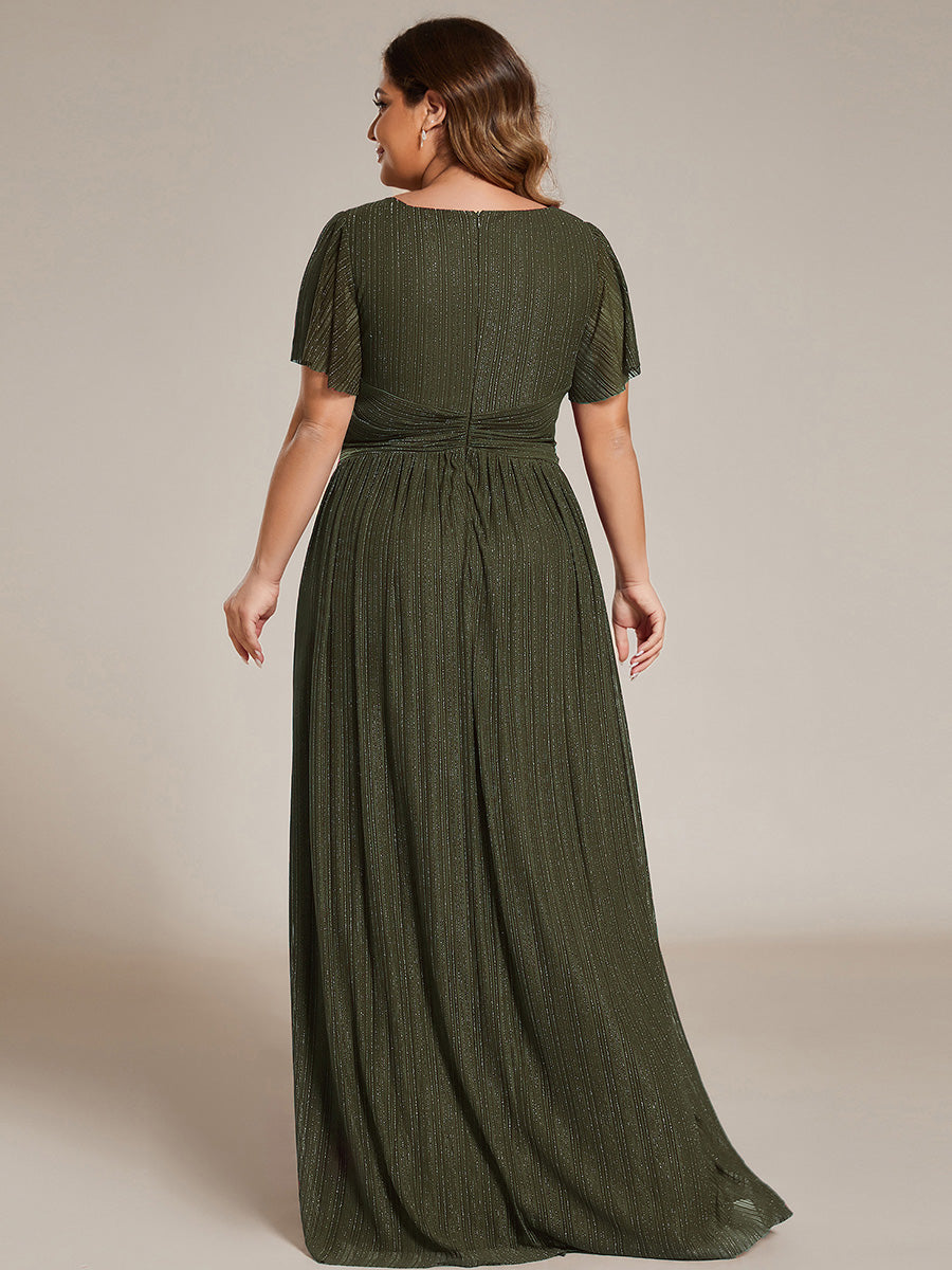 Color=Olive Green | Bulk Order Short Sleeve Ruffle V-Neck High Stretch A-Line Floor Length Evening Dresses-Olive Green 37