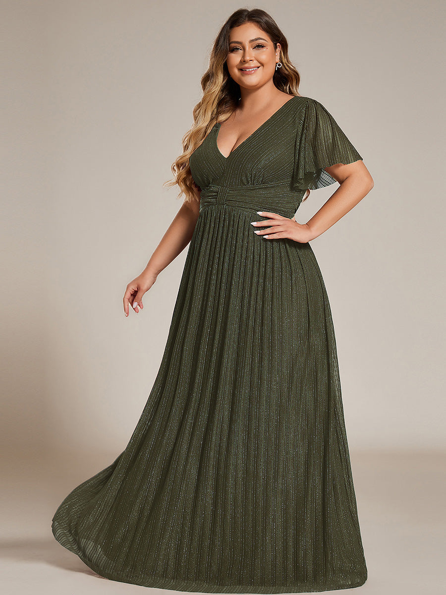 Color=Olive Green | Bulk Order Short Sleeve Ruffle V-Neck High Stretch A-Line Floor Length Evening Dresses-Olive Green 39