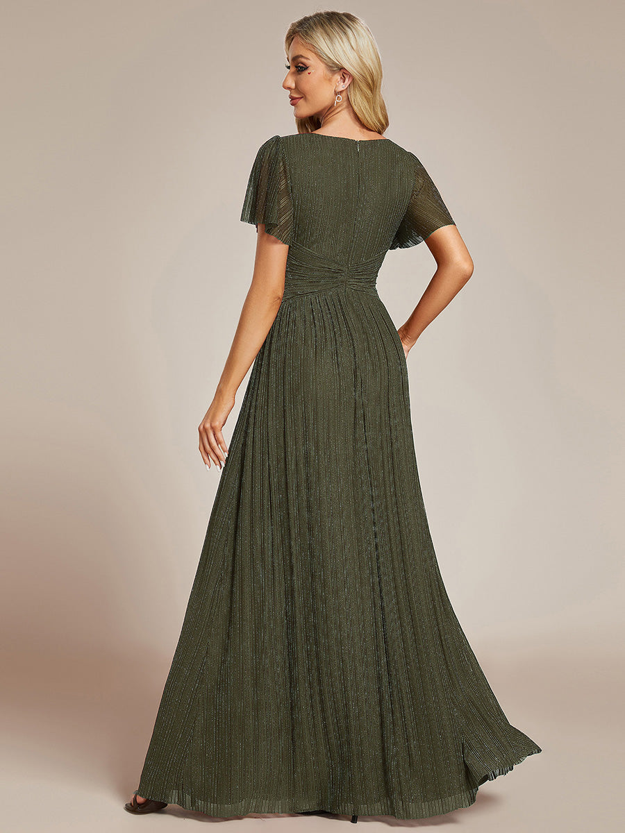 Color=Olive Green | Bulk Order Short Sleeve Ruffle V-Neck High Stretch A-Line Floor Length Evening Dresses-Olive Green 32