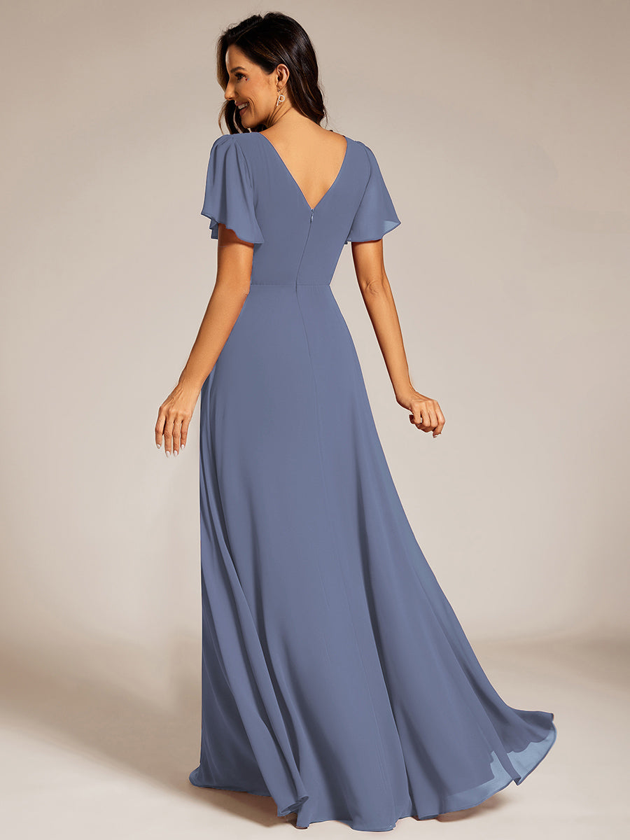 Color=Dusty Blue | Elegant Midi Length Ruffles Sleeves Chiffon Dresses Empire Waist Evening Dresses with Belt-Dusty Blue 18