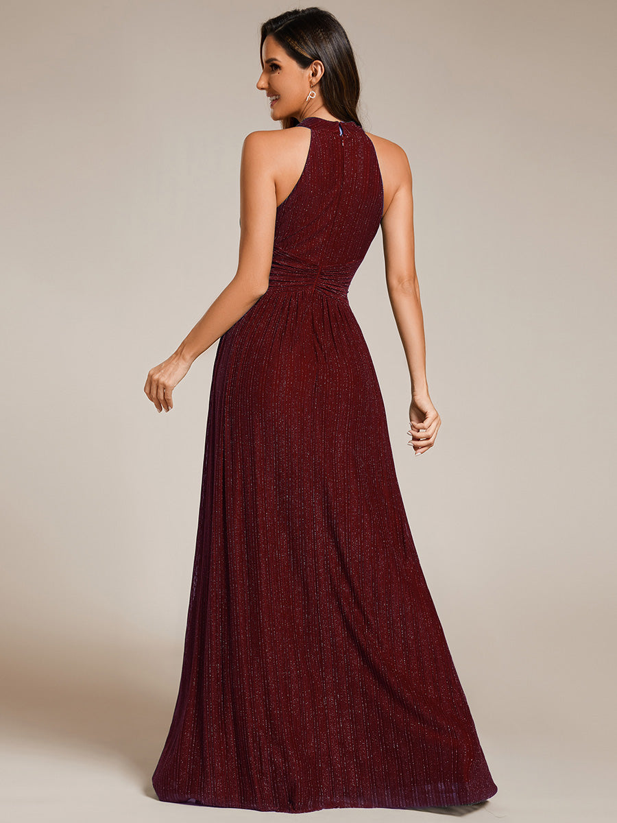 Color=Burgundy | Glittery Halter Neck Pleated Formal Wholesale Evening Dress-Burgundy 2