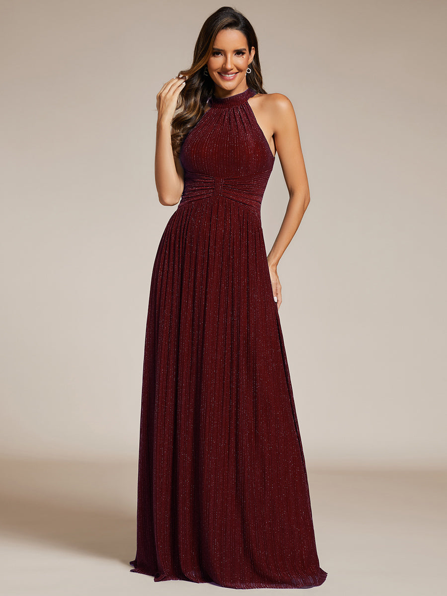 Color=Burgundy | Glittery Halter Neck Pleated Formal Wholesale Evening Dress-Burgundy 4