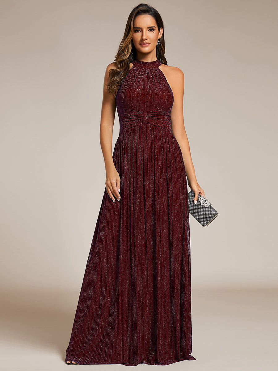 Color=Burgundy | Glittery Halter Neck Pleated Formal Wholesale Evening Dress-Burgundy 1