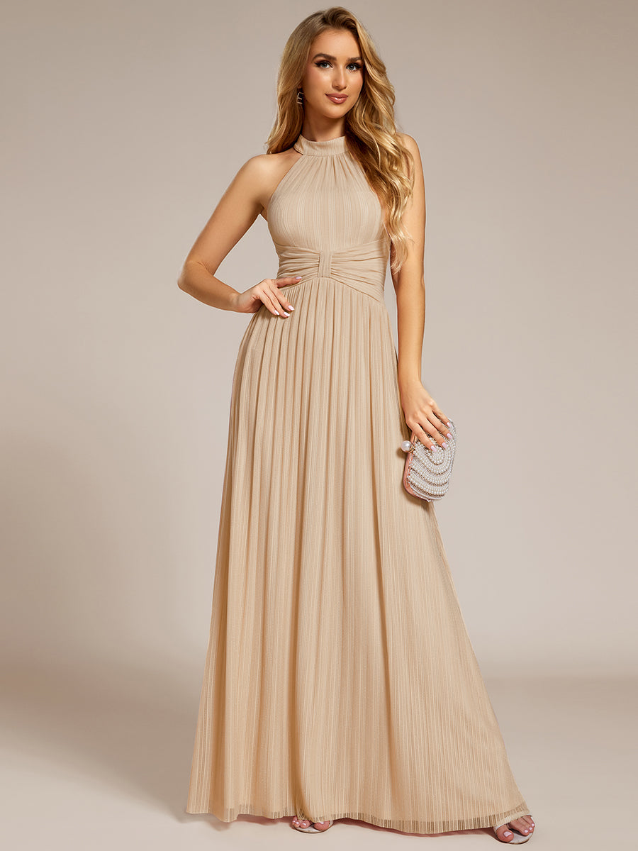 Color=champagne | Glittery Halter Neck Pleated Formal Wholesale Evening Dress-champagne 11