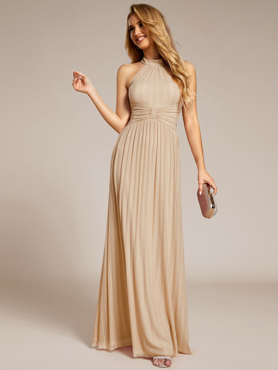 Color=champagne | Glittery Halter Neck Pleated Formal Wholesale Evening Dress-champagne 15