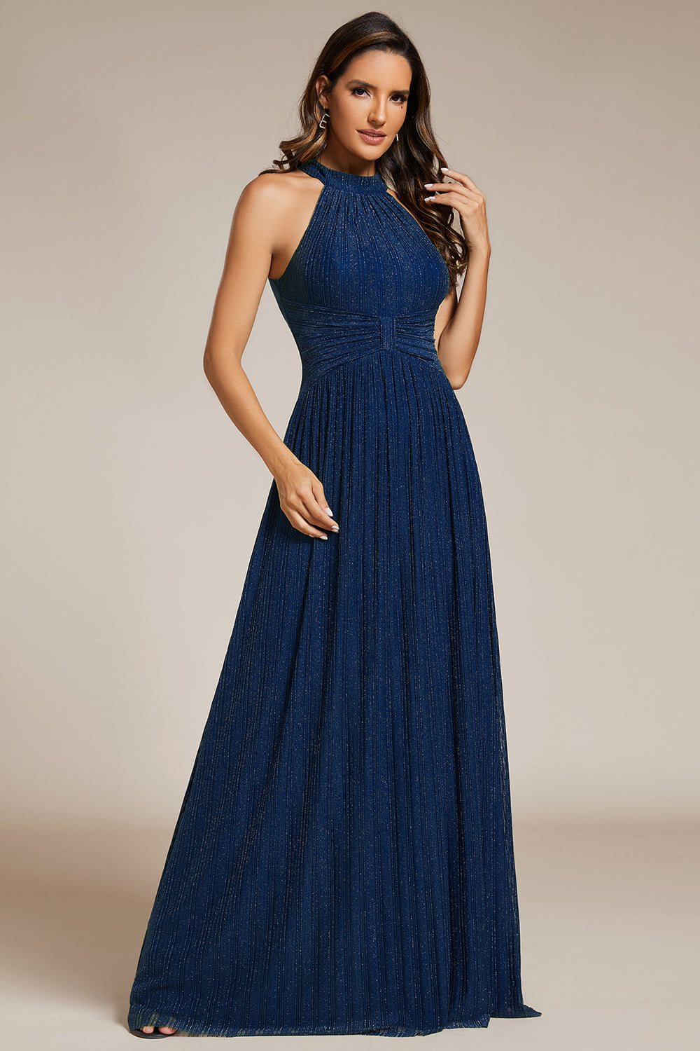 Glittery Halter Neck Pleated Formal Wholesale Evening Dress