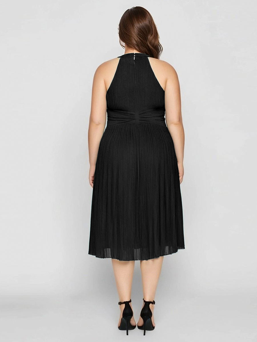 Color=Black | Factory Design Slightly Stretchy Halter Neck Sleeveless A-Line Midi Evening Dresses-Black 6