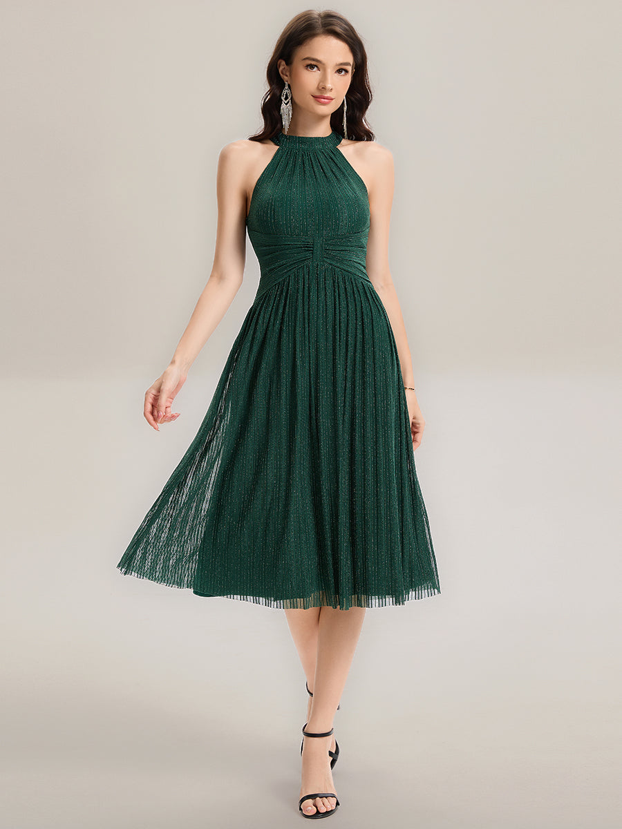 Slightly Stretchy Halter Neck A-Line Midi Evening Dress for Elegant Occasions Slightly Stretchy Halter Neck A-Line Midi Evening Dress for Elegant Occasions