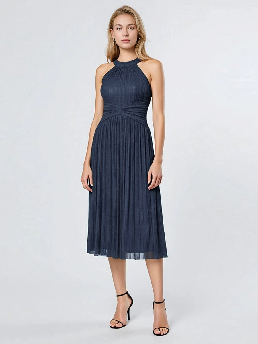 Color=Navy Blue | Factory Design Slightly Stretchy Halter Neck Sleeveless A-Line Midi Evening Dresses-Navy Blue 19