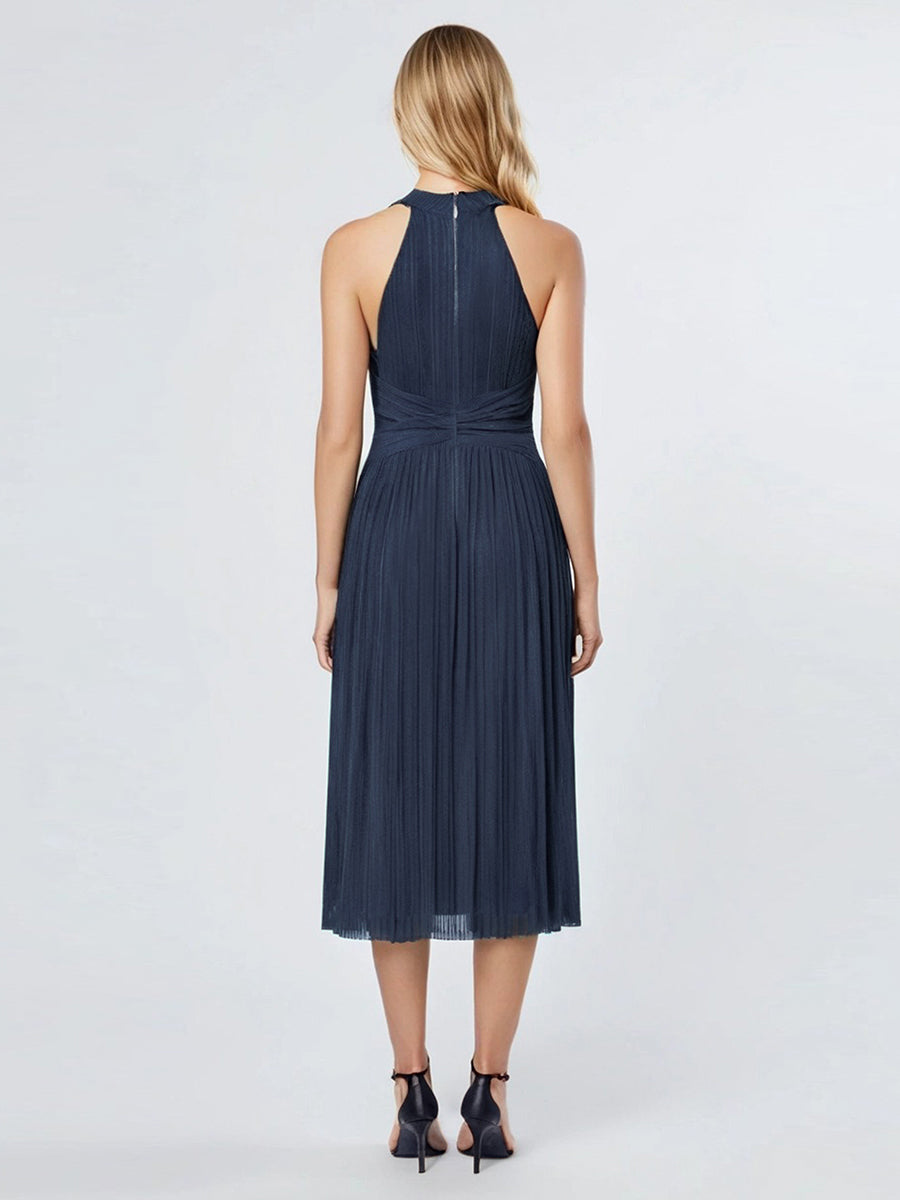 Color=Navy Blue | Factory Design Slightly Stretchy Halter Neck Sleeveless A-Line Midi Evening Dresses-Navy Blue 20