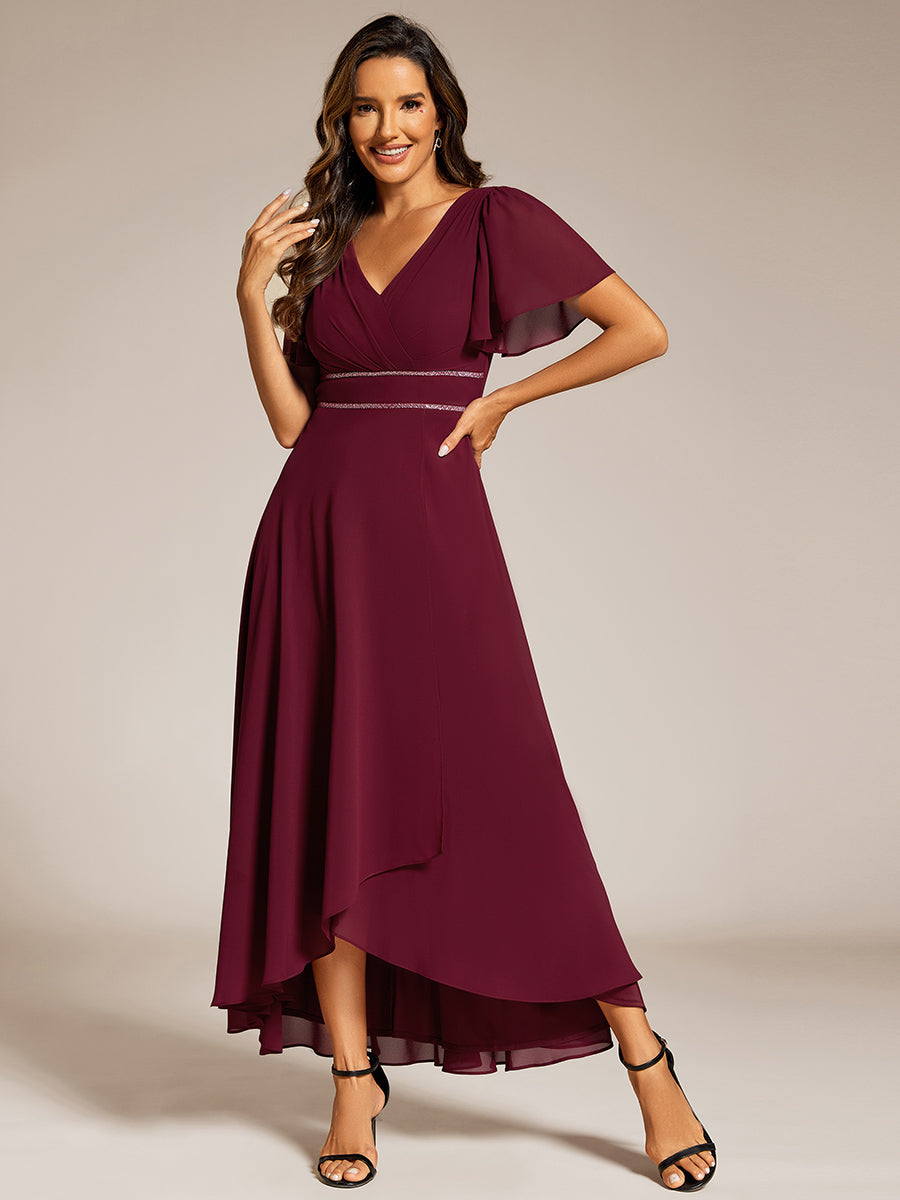 Color=Burgundy | Elegant Asymmetrical A-Line Skirt Nine-Length Chiffon Dresses with Ruffles Sleeves - EE41988-Burgundy 4