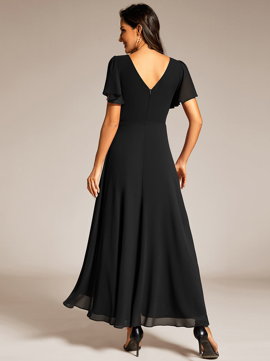 Color=Black | Elegant Asymmetrical A-Line Skirt Nine-Length Chiffon Dresses with Ruffles Sleeves-Black 2