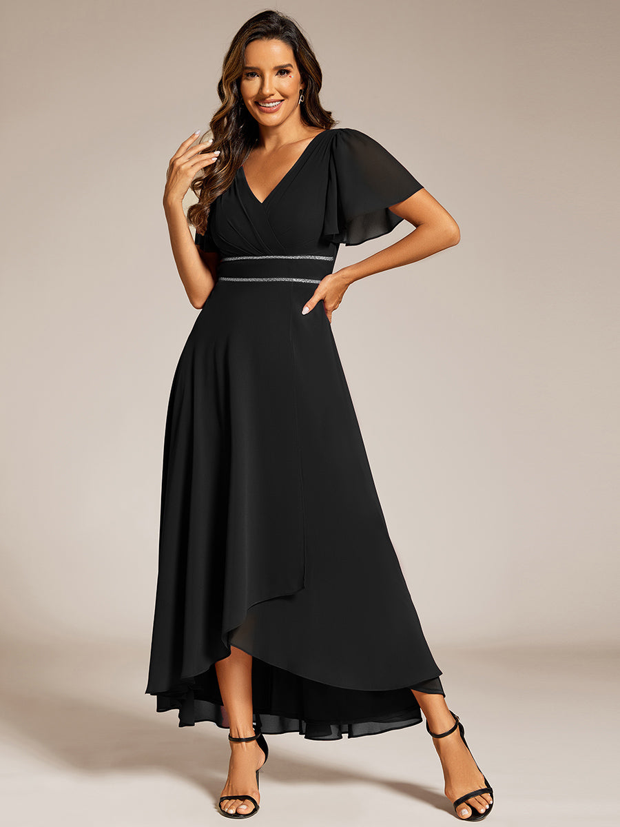 Color=Black | Elegant Asymmetrical A-Line Skirt Nine-Length Chiffon Dresses with Ruffles Sleeves-Black 4