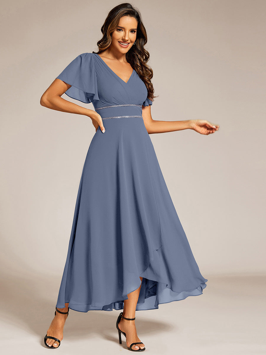 Color=Dusty Blue | Elegant Asymmetrical A-Line Skirt Nine-Length Chiffon Dresses with Ruffles Sleeves-Dusty Blue 3