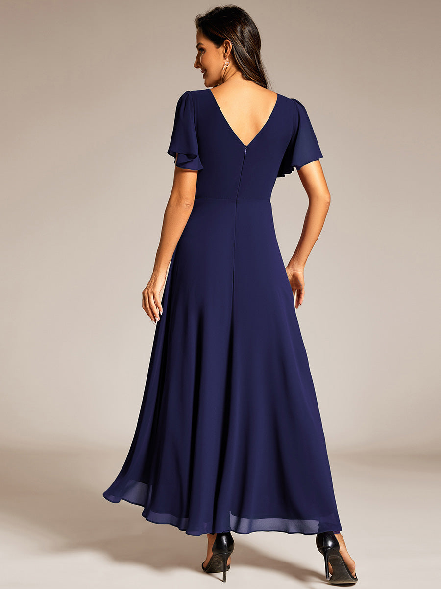 Color=Navy Blue | Elegant Asymmetrical A-Line Skirt Nine-Length Chiffon Dresses with Ruffles Sleeves-Navy Blue 2