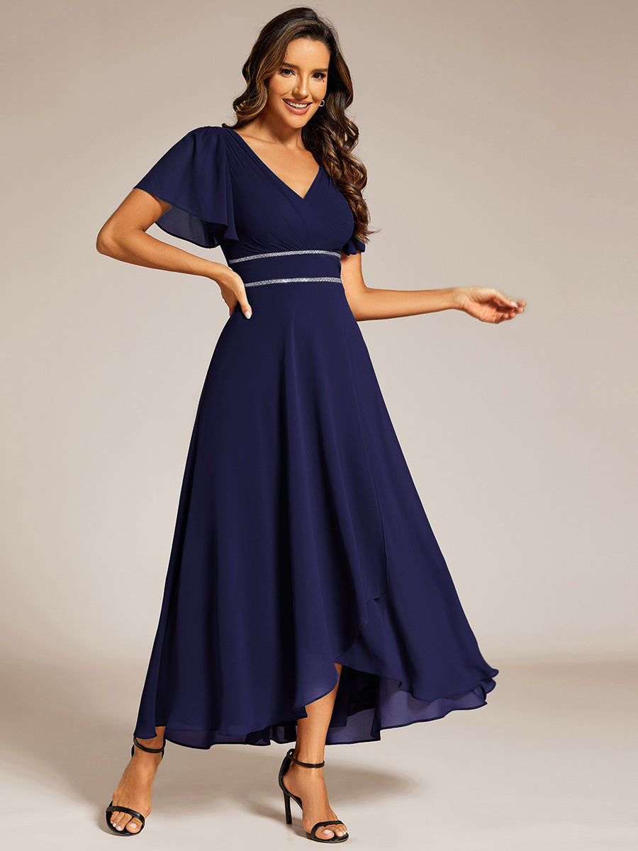 Color=Navy Blue | Elegant Asymmetrical A-Line Skirt Nine-Length Chiffon Dresses with Ruffles Sleeves - EE41988-Navy Blue 3