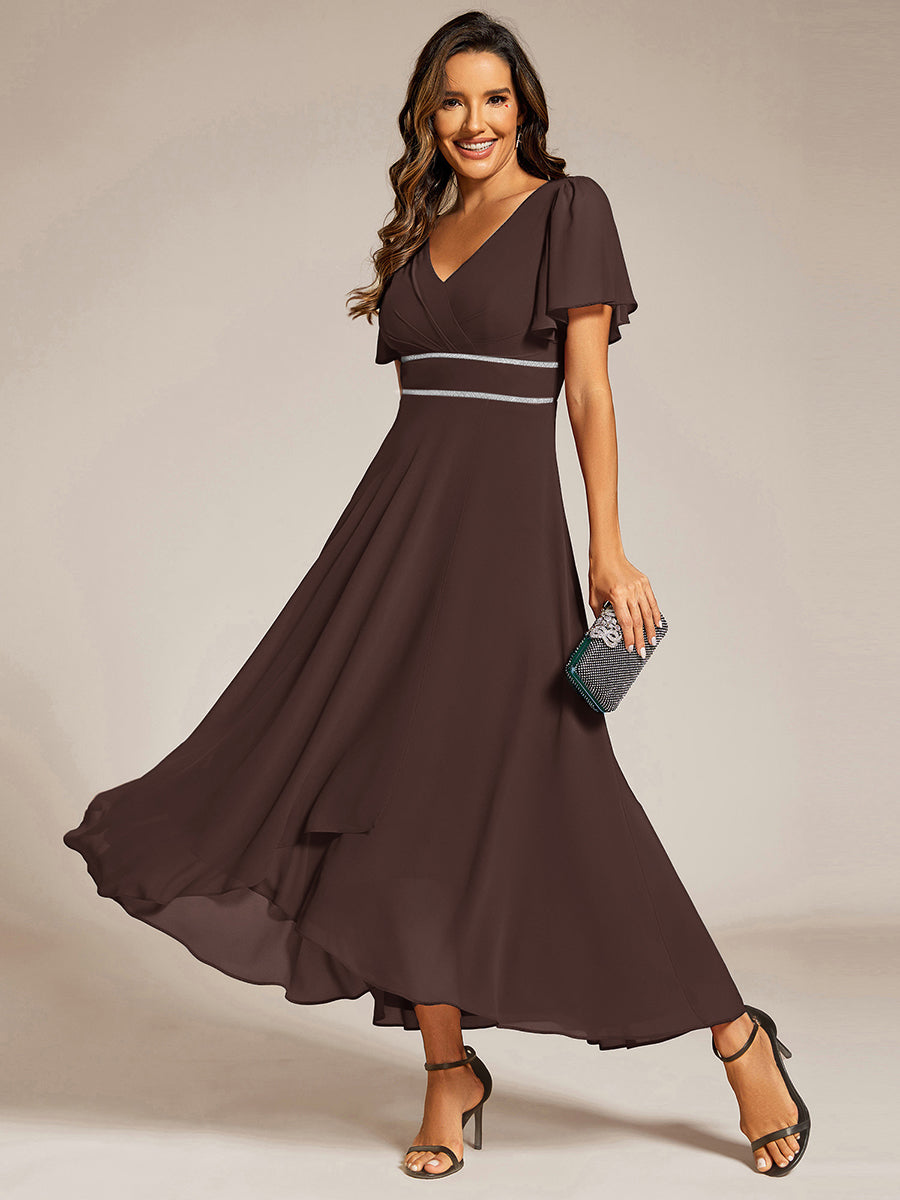 Color=Espresso | Elegant Asymmetrical A-Line Skirt Nine-Length Chiffon Dresses with Ruffles Sleeves - EE41988-Espresso 1