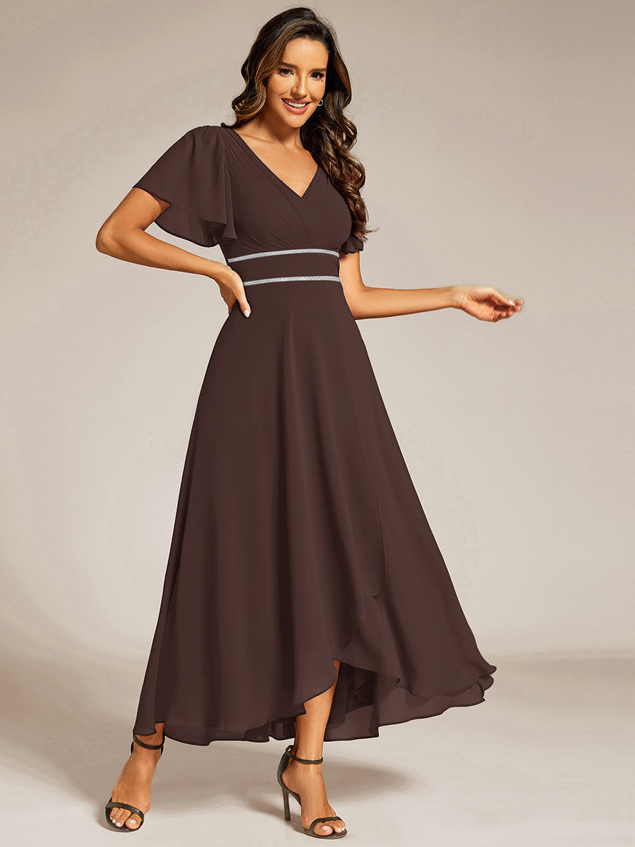 Color=Espresso | Elegant Asymmetrical A-Line Skirt Nine-Length Chiffon Dresses with Ruffles Sleeves - EE41988-Espresso 3