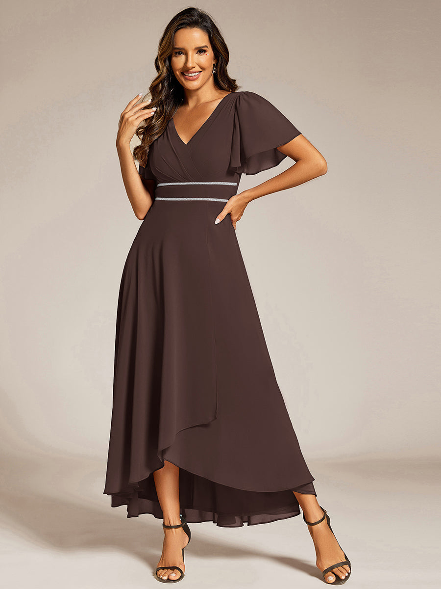 Color=Espresso | Elegant Asymmetrical A-Line Skirt Nine-Length Chiffon Dresses with Ruffles Sleeves - EE41988-Espresso 4