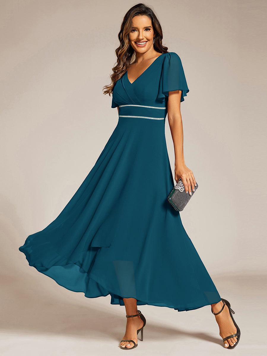 Color=Teal Blue | Elegant Asymmetrical A-Line Skirt Nine-Length Chiffon Dresses with Ruffles Sleeves - EE41988-Teal Blue 1