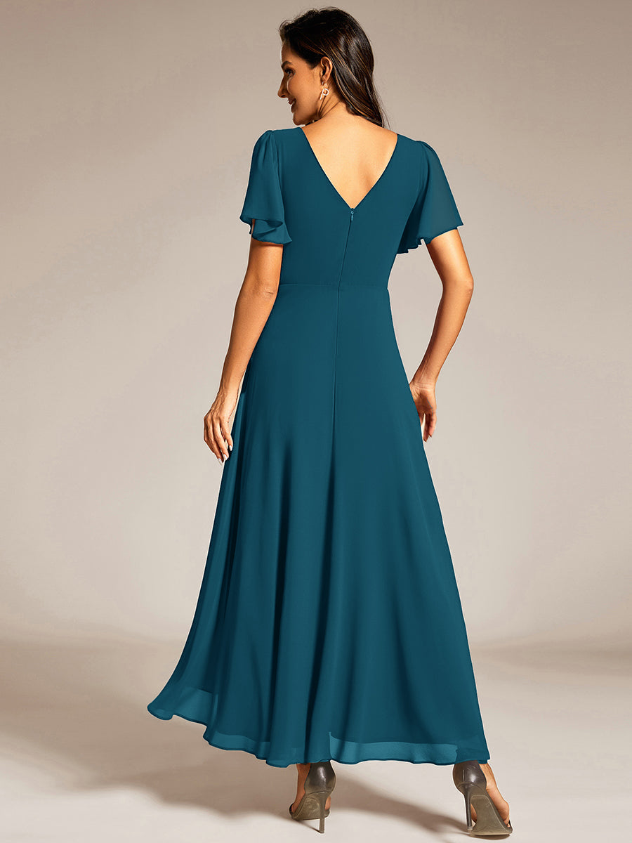 Color=Teal Blue | Elegant Asymmetrical A-Line Skirt Nine-Length Chiffon Dresses with Ruffles Sleeves - EE41988-Teal Blue 2