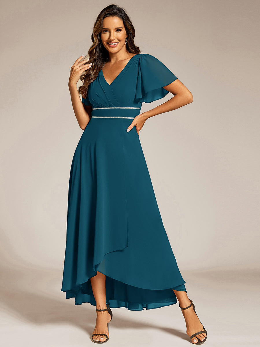 Color=Teal Blue | Elegant Asymmetrical A-Line Skirt Nine-Length Chiffon Dresses with Ruffles Sleeves - EE41988-Teal Blue 4