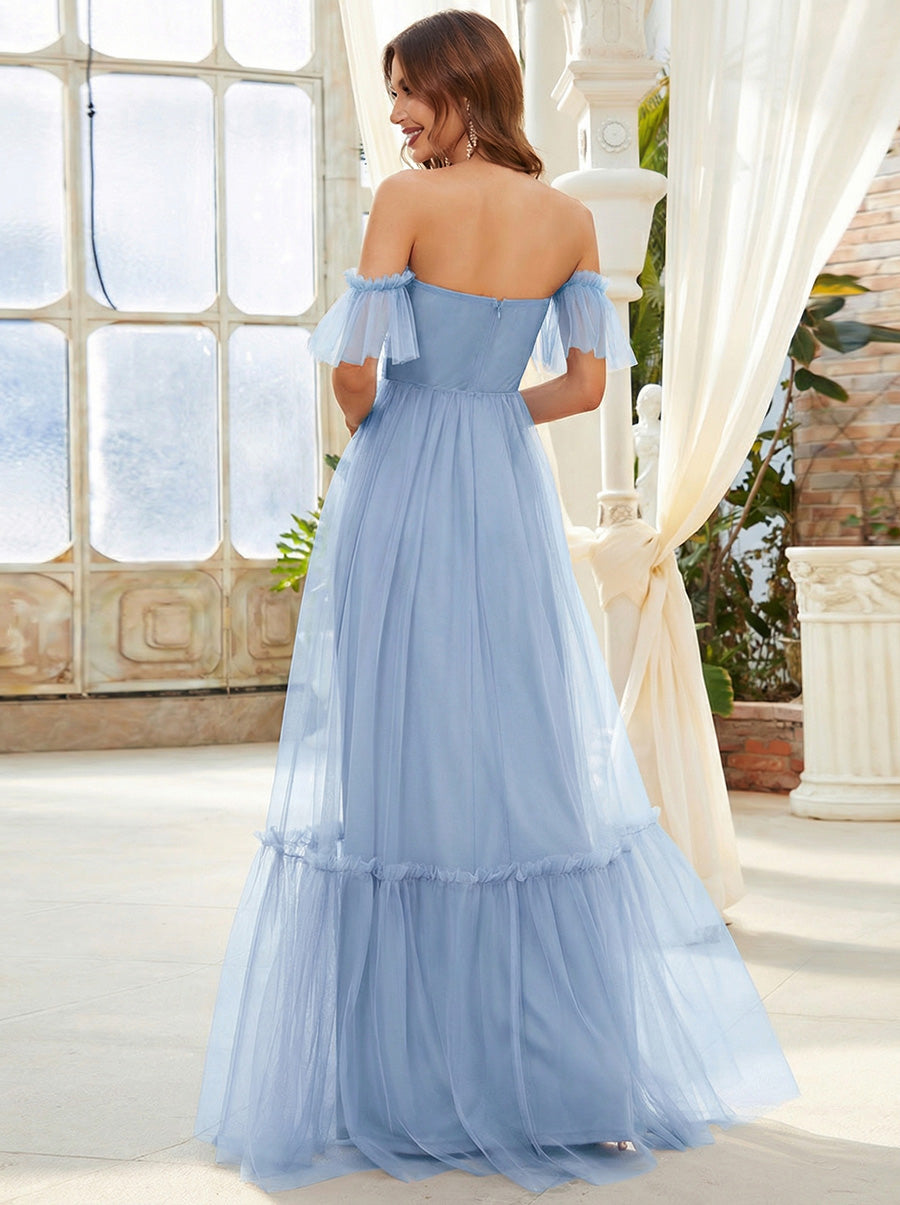 Color=Ice Blue | Strapless A Line Ruffles Sleeves Wholesale Evening Dresses-Ice Blue 2