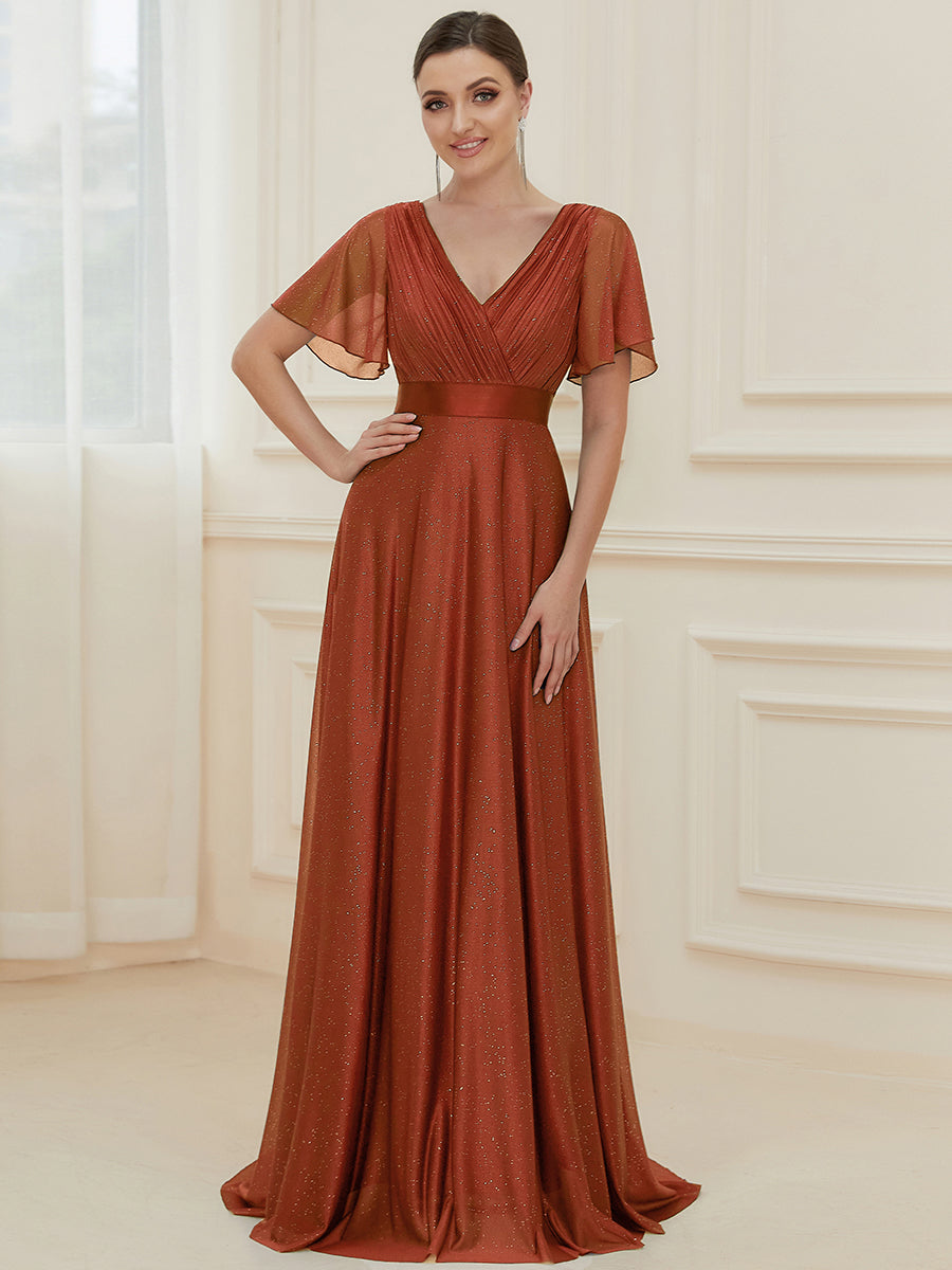 Color=Burnt Orange | Deep V Neck Ruffles Sleeve A Line Wholesale Evening Dresses-Burnt Orange 1