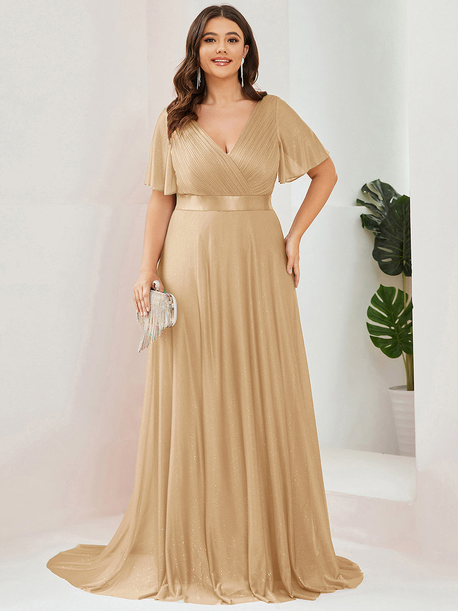 Color=Gold | Industrial Use Short Sleeve Ruffle Deep V-Neck Pleated A-Line Floor Length Evening Dresses-Gold 6