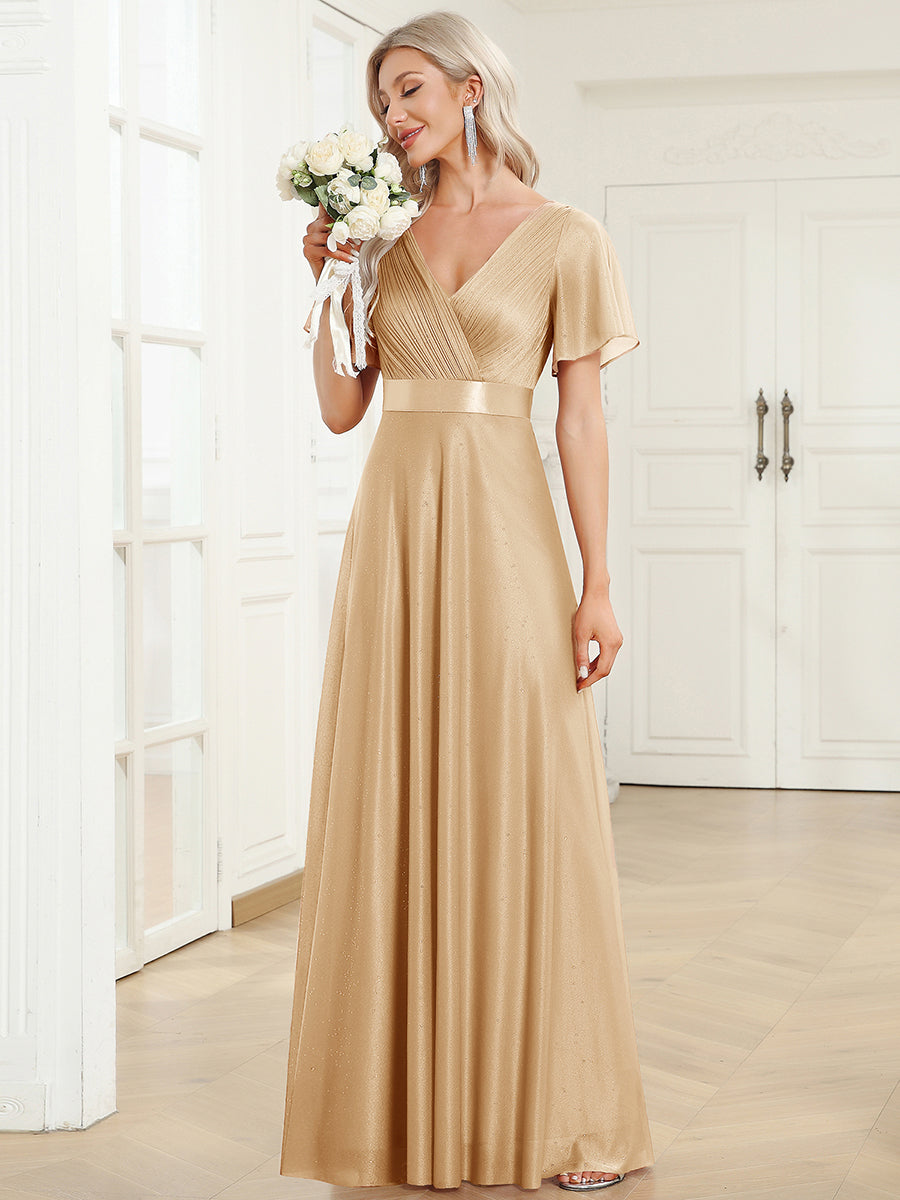 Color=Gold | Industrial Use Short Sleeve Ruffle Deep V-Neck Pleated A-Line Floor Length Evening Dresses-Gold 1