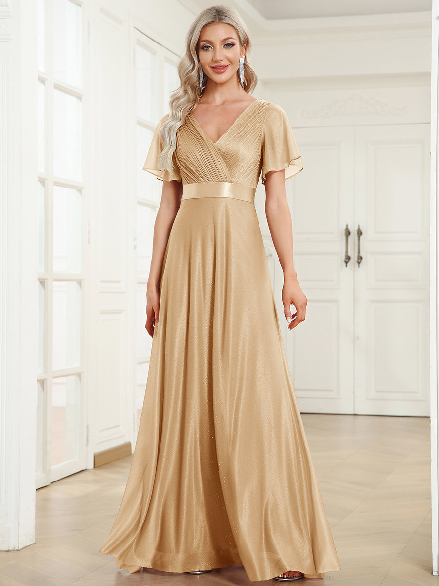 Color=Gold | Industrial Use Short Sleeve Ruffle Deep V-Neck Pleated A-Line Floor Length Evening Dresses-Gold 5