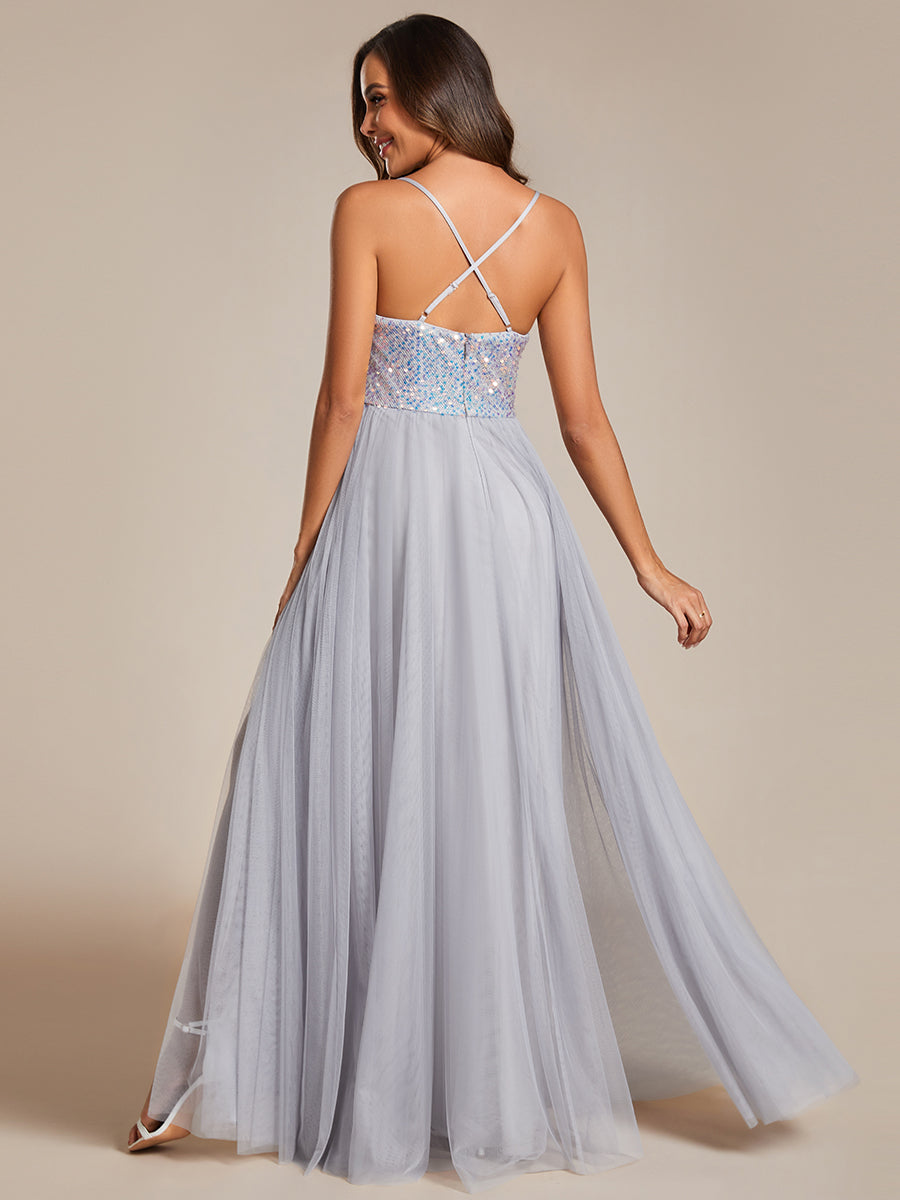 Sequin Tulle Spaghetti Strap High Split Wholesale Bridesmaid Dress