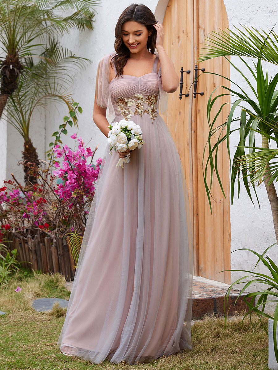 Color=Pink | Appliques Lace Sweetheart Neckline Tulle Wholesale Bridesmaid Dress-Pink 3