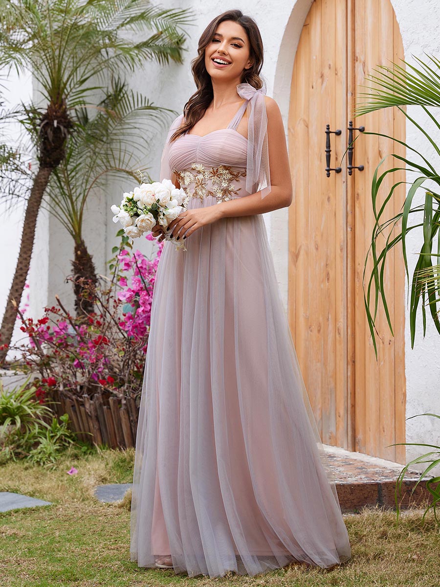 Color=Pink | Appliques Lace Sweetheart Neckline Tulle Wholesale Bridesmaid Dress-Pink 1