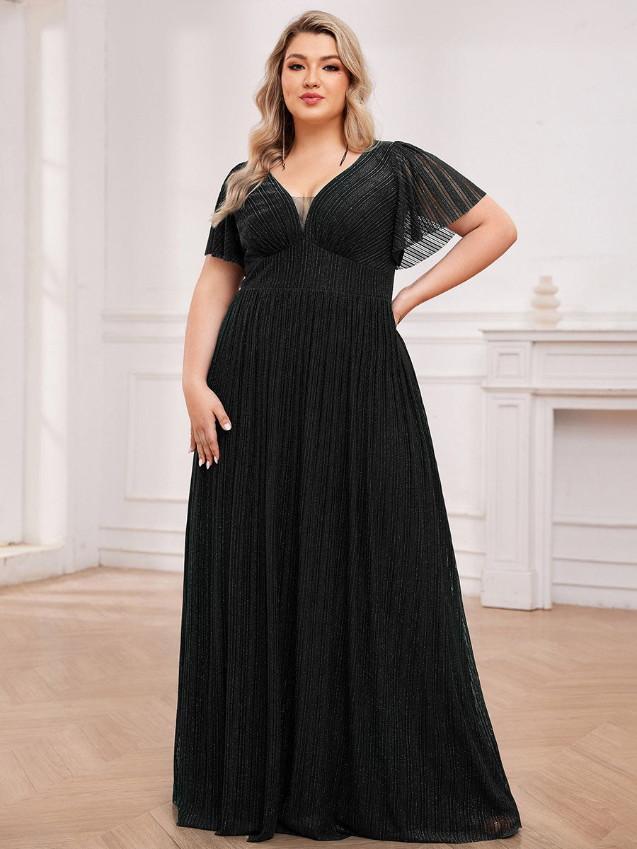 Color=Black | Plus Size Elegant See-Through Deep V Neck Floor Length Short Ruffles Sleeves Sequin Evening Dresses -Black 1