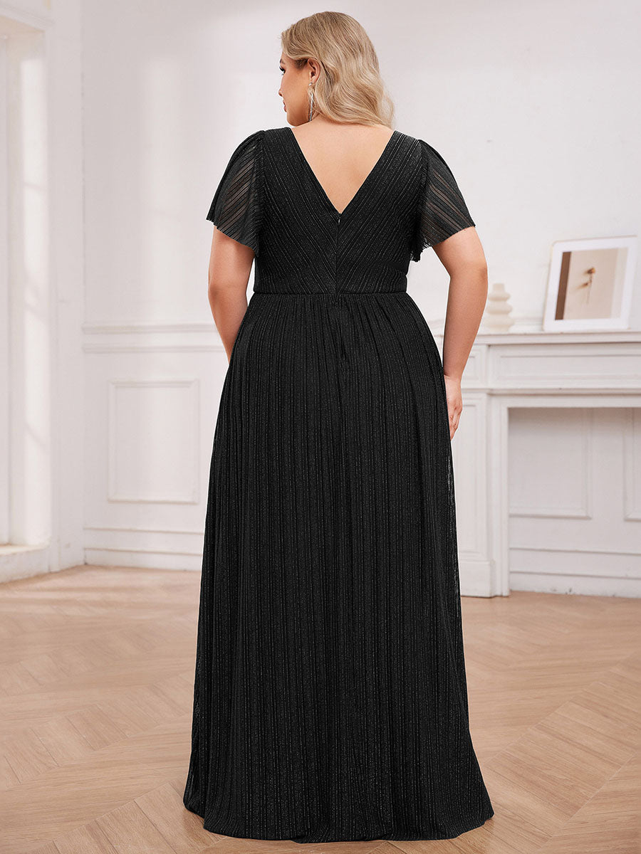 Color=Black | Plus Size Elegant See-Through Deep V Neck Floor Length Short Ruffles Sleeves Sequin Evening Dresses -Black 2