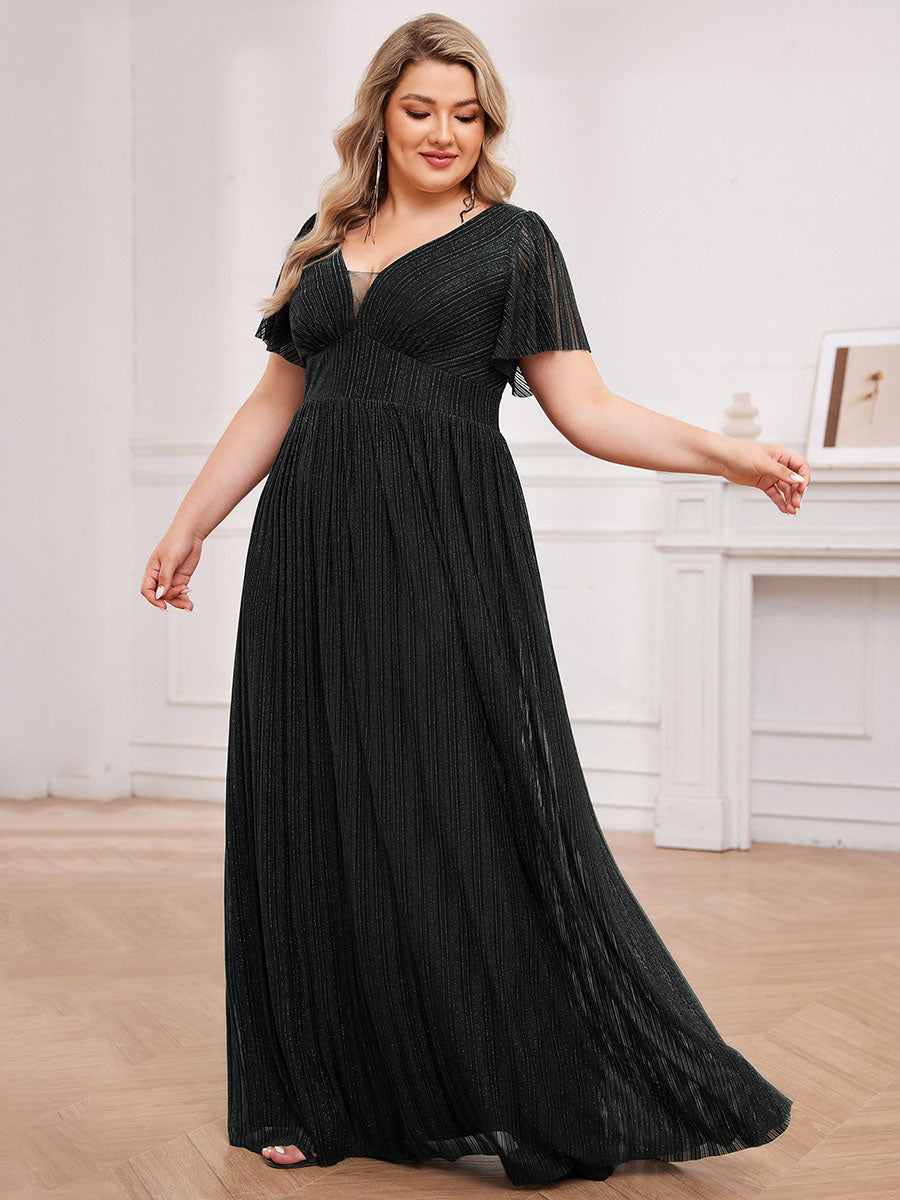 Color=Black | Plus Size Elegant See-Through Deep V Neck Floor Length Short Ruffles Sleeves Sequin Evening Dresses -Black 3