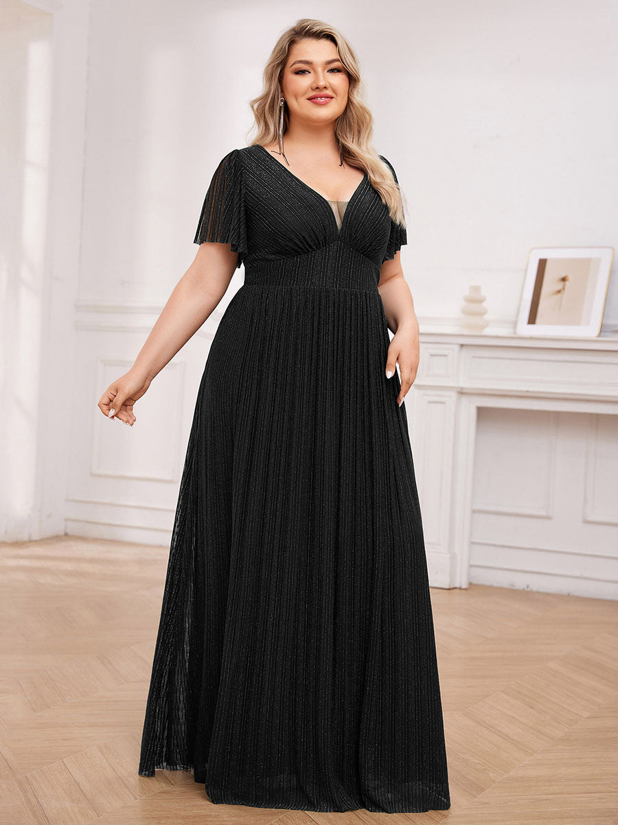 Color=Black | Plus Size Elegant See-Through Deep V Neck Floor Length Short Ruffles Sleeves Sequin Evening Dresses -Black 4