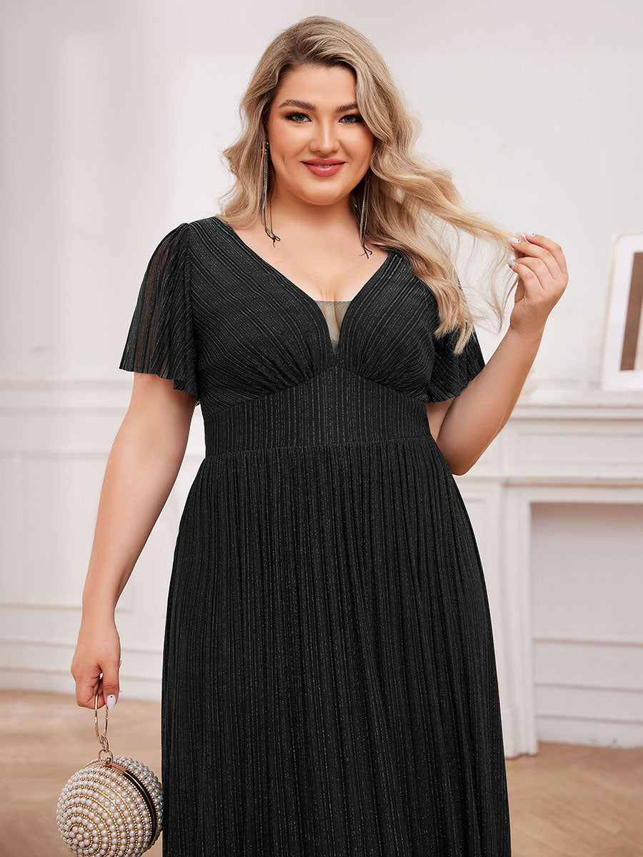 Color=Black | Plus Size Elegant See-Through Deep V Neck Floor Length Short Ruffles Sleeves Sequin Evening Dresses -Black 5