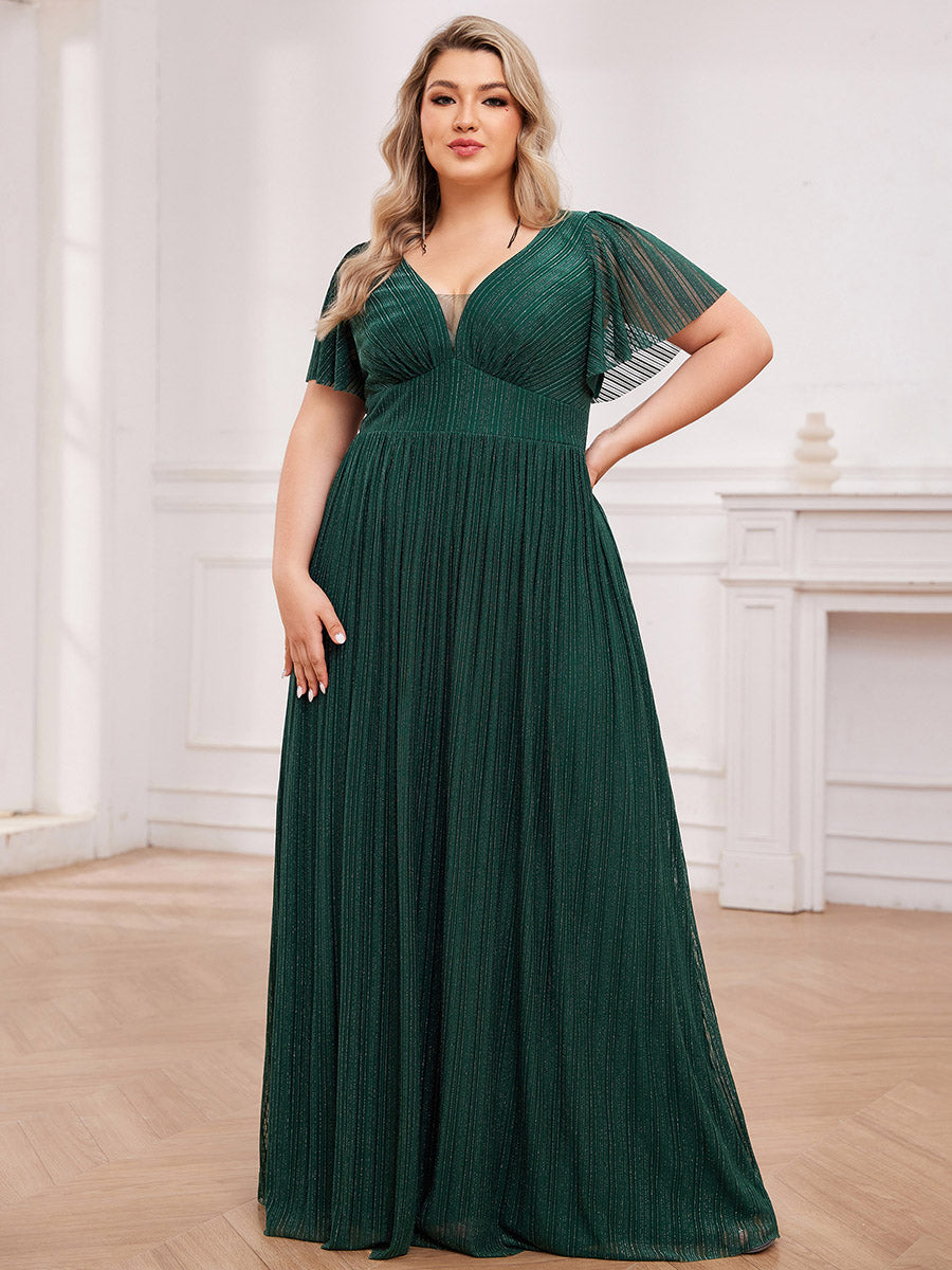 Color=Dark Green | Plus Size Elegant See-Through Deep V Neck Floor Length Short Ruffles Sleeves Sequin Evening Dresses -Dark Green 6