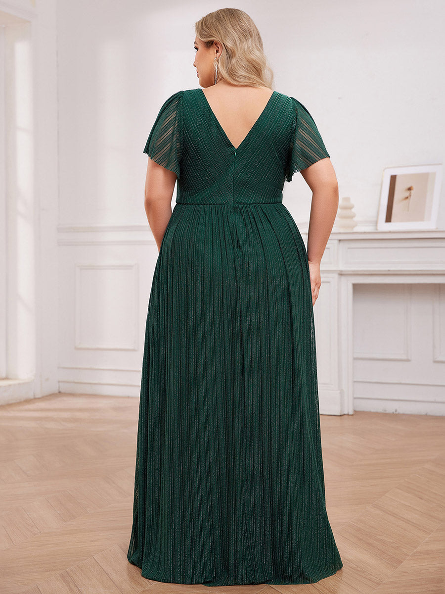 Color=Dark Green | Plus Size Elegant See-Through Deep V Neck Floor Length Short Ruffles Sleeves Sequin Evening Dresses -Dark Green 7