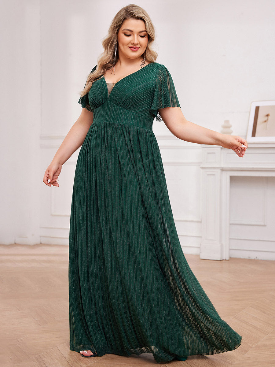 Color=Dark Green | Plus Size Elegant See-Through Deep V Neck Floor Length Short Ruffles Sleeves Sequin Evening Dresses -Dark Green 8