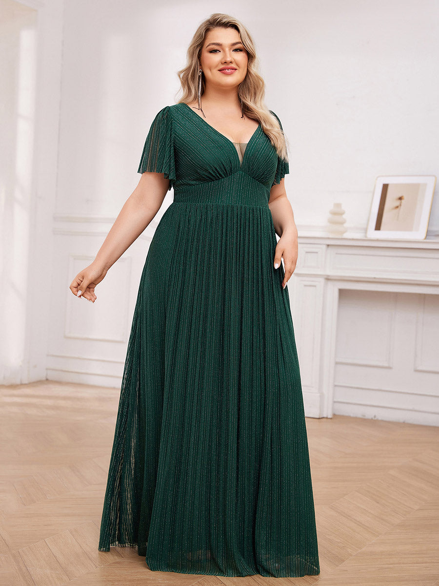 Color=Dark Green | Plus Size Elegant See-Through Deep V Neck Floor Length Short Ruffles Sleeves Sequin Evening Dresses -Dark Green 9