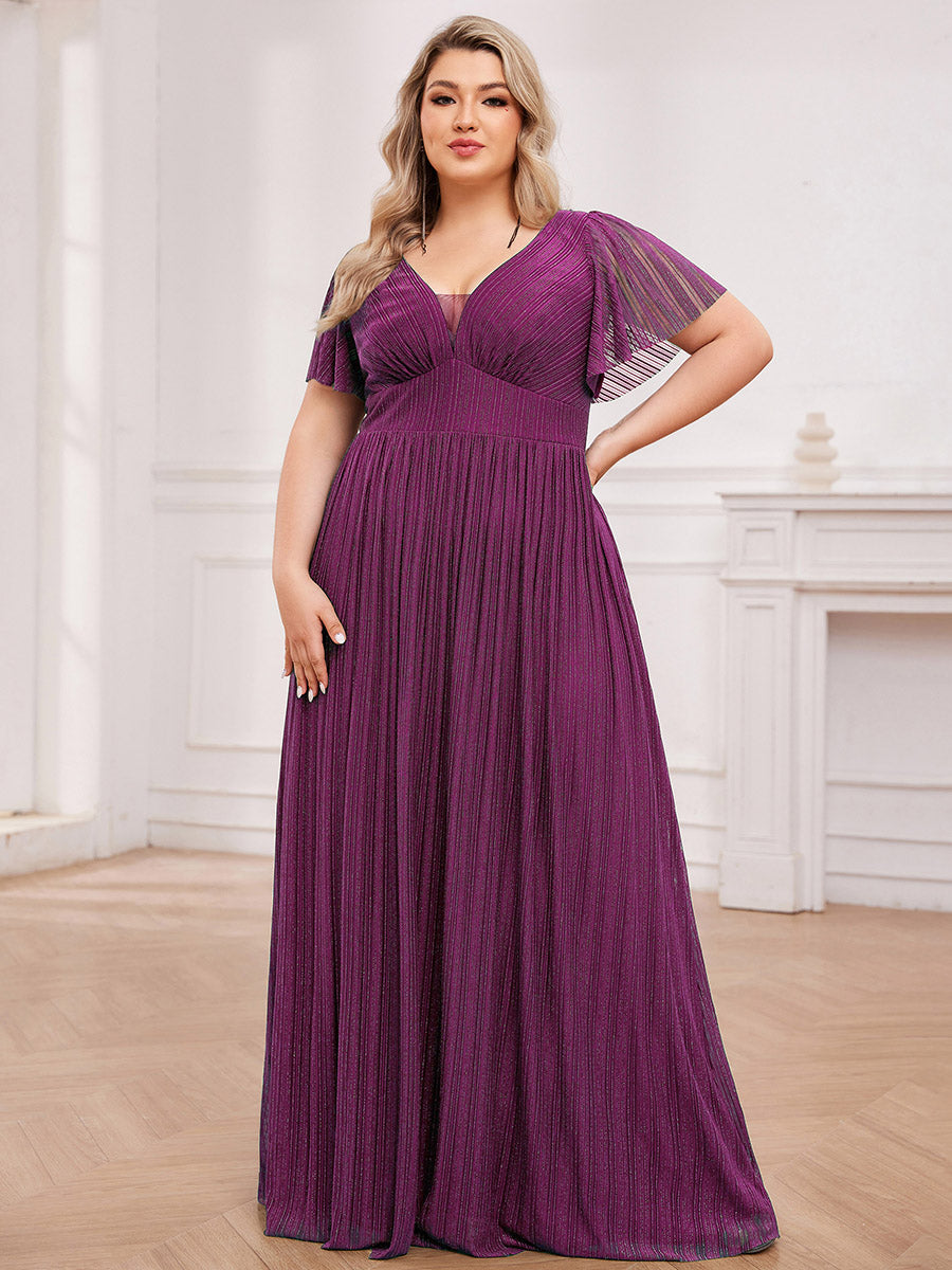 Color=Purple Wisteria | Plus Size Elegant See-Through Deep V Neck Floor Length Short Ruffles Sleeves Sequin Evening Dresses -Purple Wisteria 11